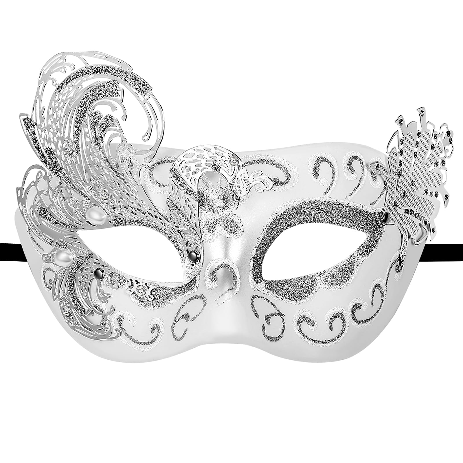 Flonge Women's Peacock Masquerade Mask: Mardi Gras Venetian Metal Rhinestone Masks Halloween Evening Prom Ball Party Mask for Women Silver