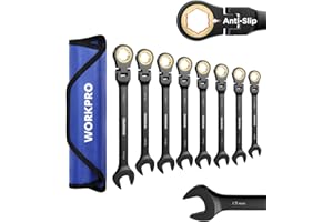 WORKPRO Ratcheting Combination Wrench Set, 8-piece Flex-Head Anti-Slip Set Metric 8-17 mm, 72-Teeth, Cr-V Constructed, Black Electrophoretic Coating with Rolling Pouch