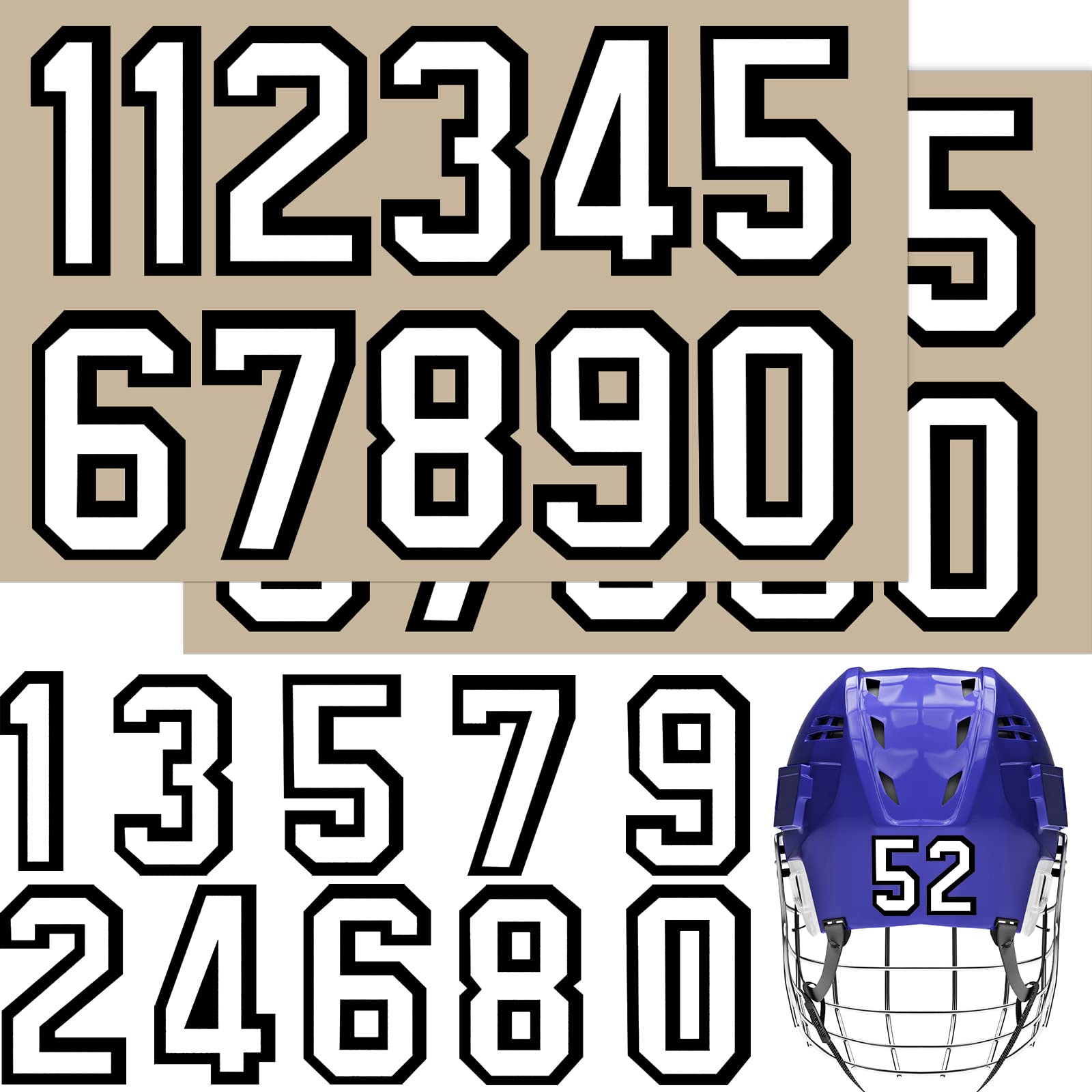 Photo 1 of 88 Pcs Helmet Numbers Self Adhesive Baseball Helmet Sticker Football Helmet Stickers Vinyl Number Stickers Football Helmet Decals Batting Accessories for Baseball Lacrosse Hockey (White, 3.4 x 2.3 In)