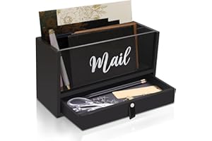 INTARSIO Two-Layer Solid Wooden Mail Storage Organizer Holder with Clear Acrylic Top and Bottom Drawer, Leather Handle, Keeping Mail, Bills, Letters, Cards and Office Supplies in One Place, Home Decor Gifts