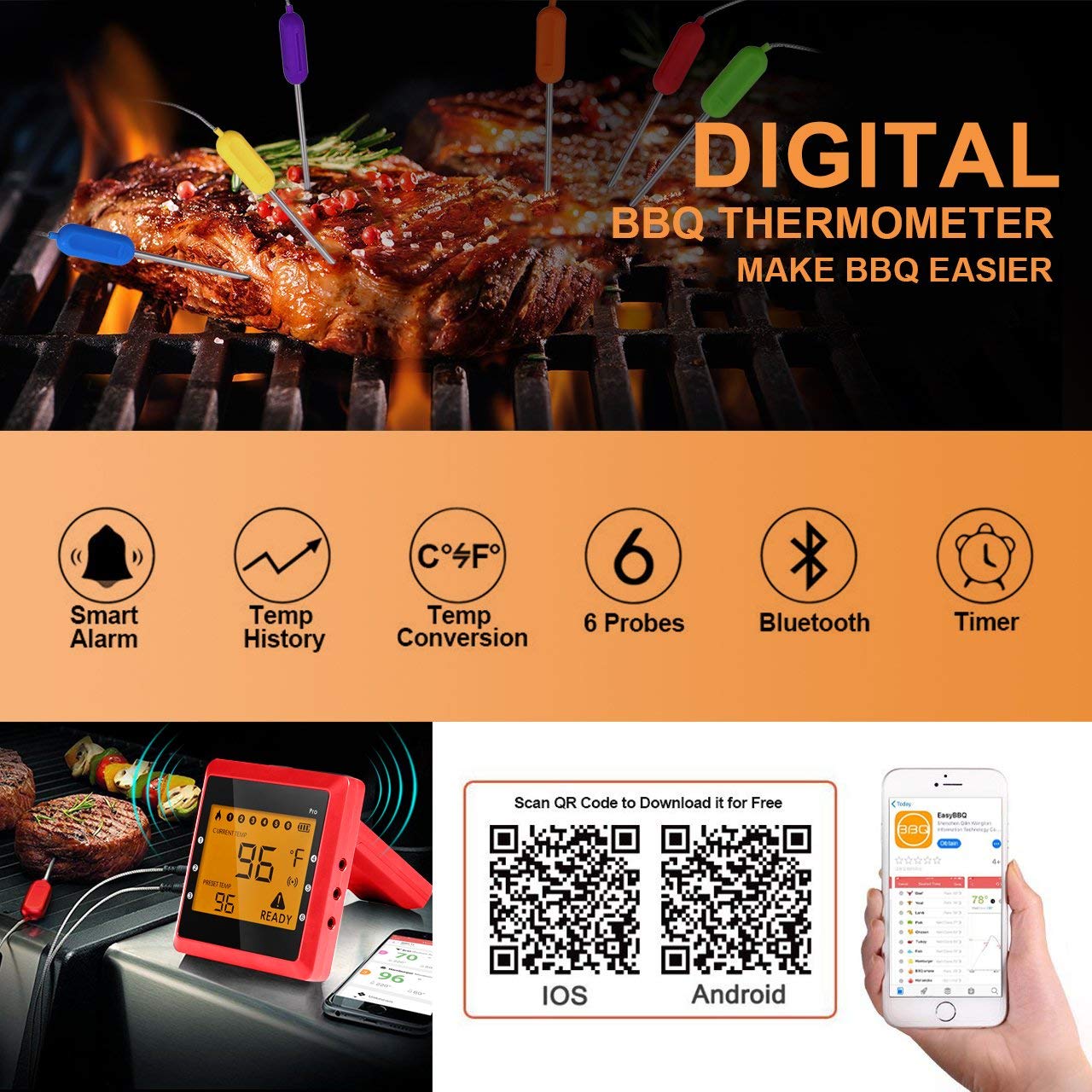 Digital Thermometer Küche, Migvela Grillthermometer mit 6 Fühler, Bluetooth Fleischthermometer Funk Bratenthermometer mit Temperaturalarm, APP Steuer mit 100M Reichweite, Wireless BBQ Thermometer Set für Smoker, Grillen, Backen, und Kochen 