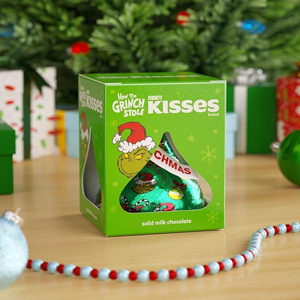 HERSHEY’S SOLID MILK CHOCOLATE KISS WITH GRINCH FOIL, SMALL CHRISTMAS STOCKING STUFFER, 1.45 OZ.