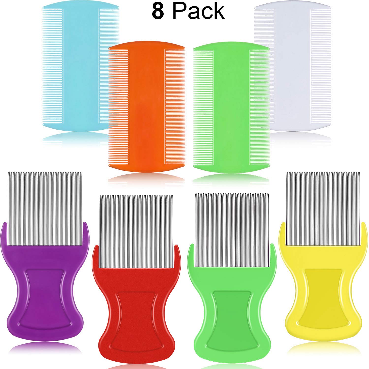 8 Pieces Flea Lice Combs Double Sided Lice Removal Comb Hair Grooming Comb with Metal Teeth, 4 Colors