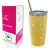 XMYAINA Bling Rhinestone Tumbler 20oz Stainless Steel Studded Glitter Thermal Cup with Leak proof Lid and Straws Double Wall Vacuum Insulated Portable Travel Coffee Mug (Yellow)