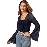 MakeMeChic Women's Spring Mesh Bell Sleeve Top Y2K Sheer Tie Front Crop Tops Tee Shirt