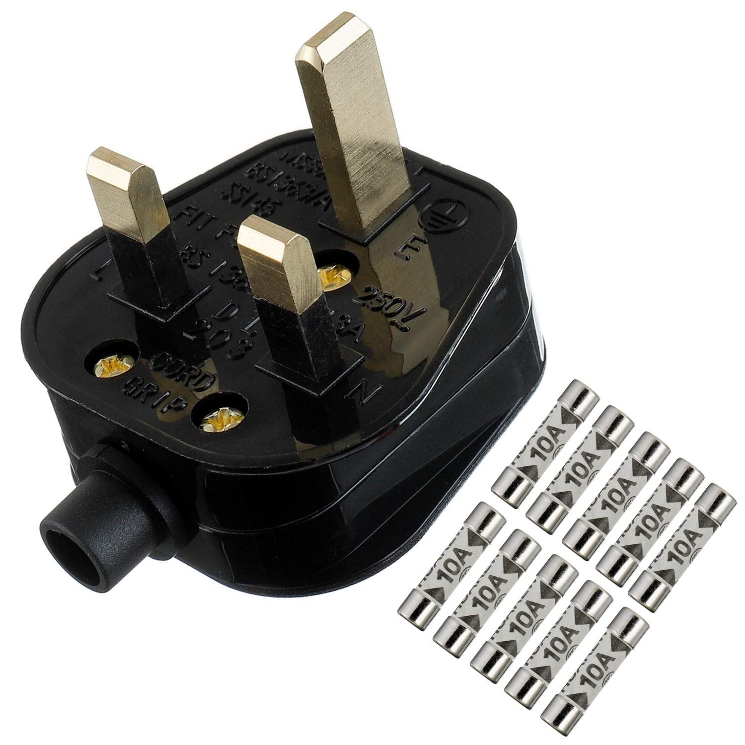 HUAREW 10A Fused Mains Plug With Cord Grip For UK Fuses Black (Pack of 1 pcs ）