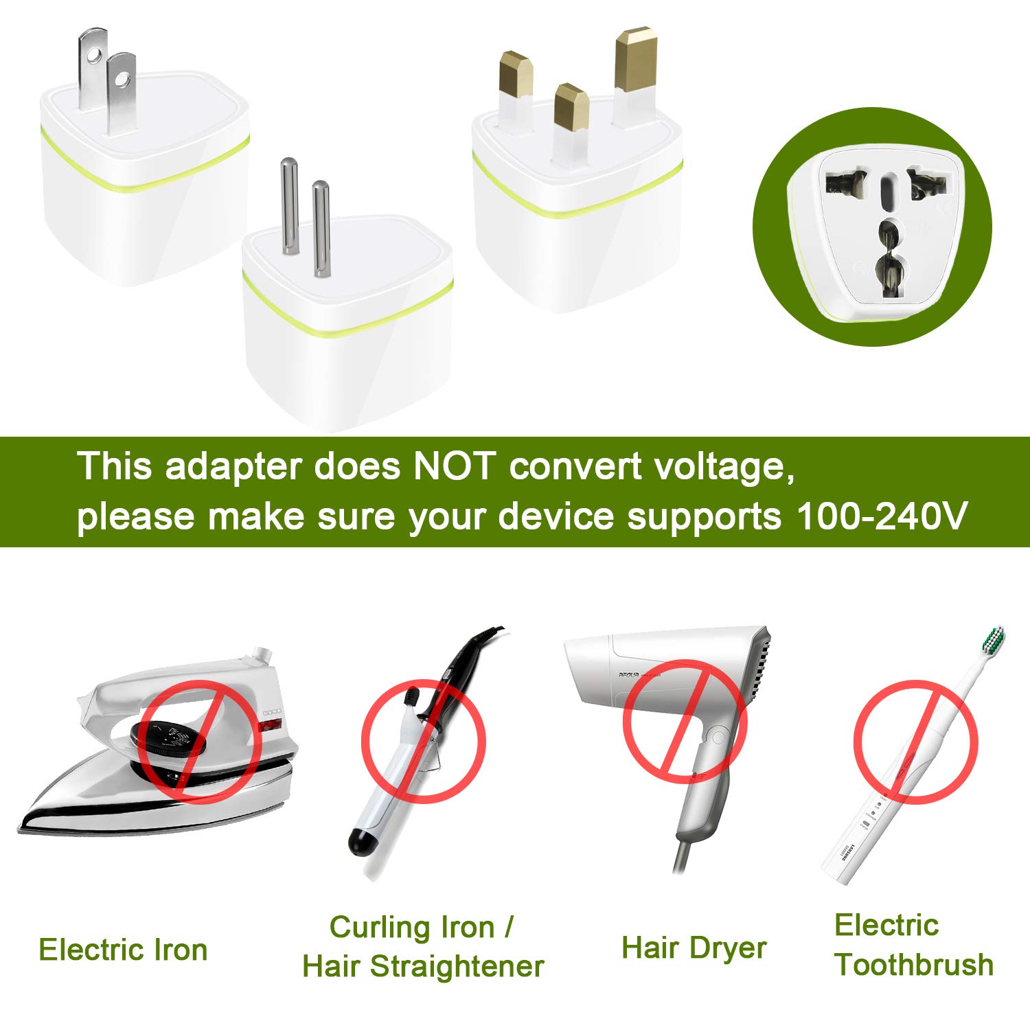 Travel Power Plug Adapter, USA, UK, EU Standard Plug, Universal & Grounded, 3 Pack