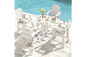 Sundale Outdoor 5 Pieces Adirondack Bar Set, Patio Counter Height Adirondack Chairs Set of 4 and Round Table, High Top HDPE Stools and Pub Table, Tall Bistro Dining Furniture Set for 4, White