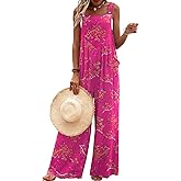 Ekouaer Women's Casual Overalls Loose Wide Leg Jumpsuits Summer Boho Floral Printed Baggy Rompers with Pockets
