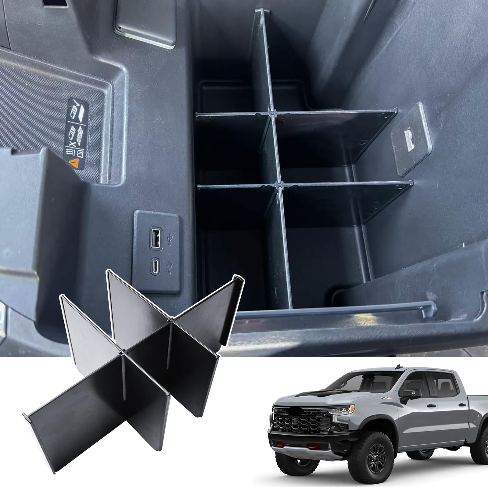 Photo 1 of X-TKER Center Console Organizer Compatible with 2022 2023-2025 Chevy Silverado/GMC Sierra 1500 & 2024 2025 Silverado/Sierra 2500HD 3500HD Accessories, Middle Console Divider Front Bucket Seats ONLY