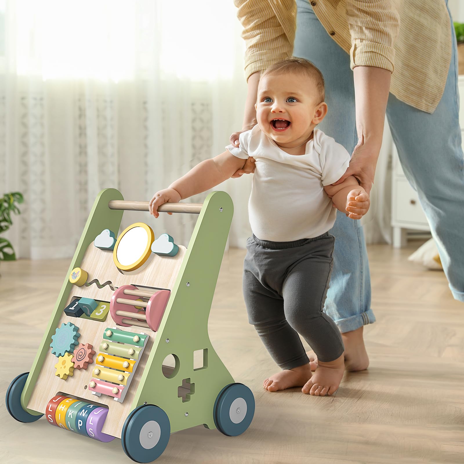 Wooden Baby Walker, Montessori Walker for Babies 6-12 Months, Push Walking Toys for 1 Year Old Learning to Walk