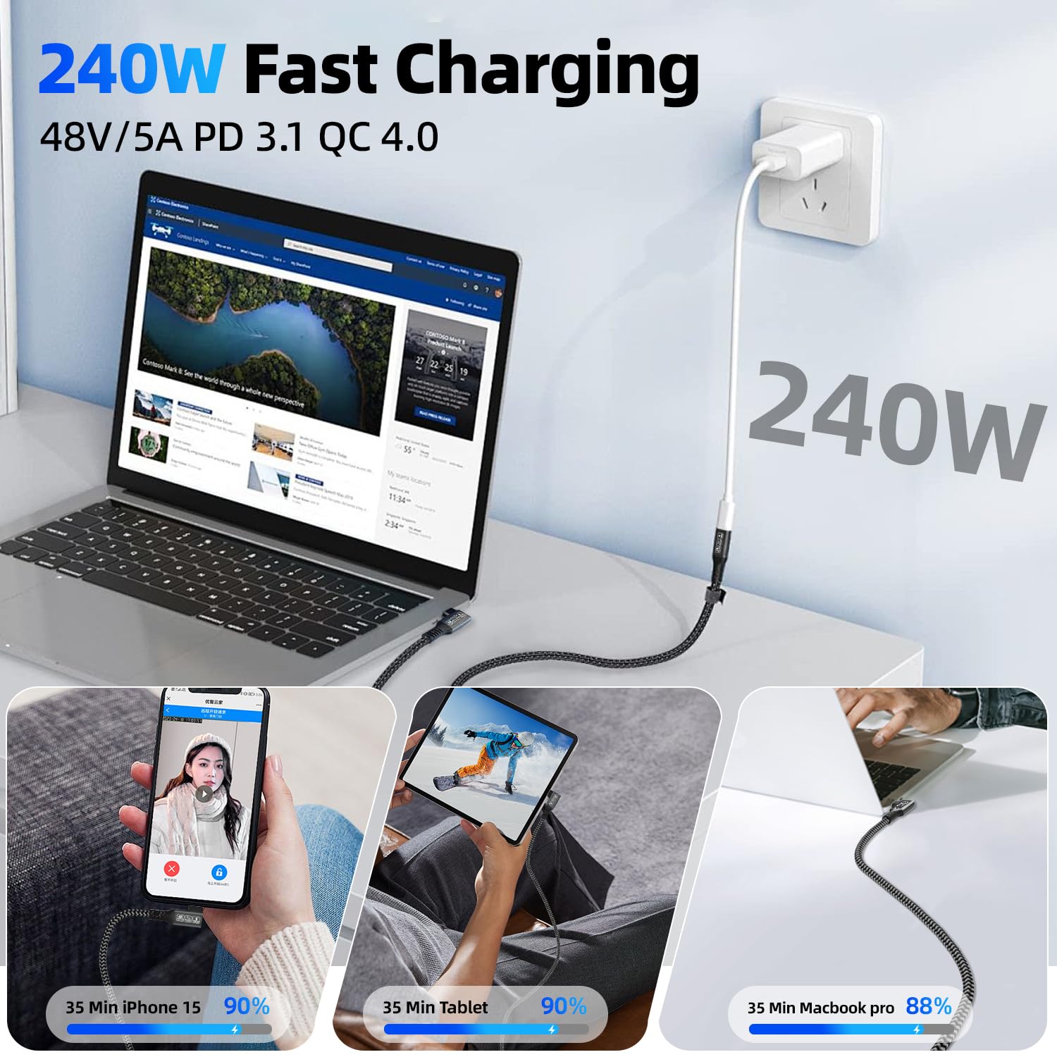 CAKOBLE USB C Kabel 3m,240W USB C 3.2 Kabel 20 Gbps Ladekabel USB C, 4K@60Hz USB C kabel Lang Kompatibilität Thunderbolt 3 Kabel Für iPhone 15,MacBook iPad Pro,Samsung S24/S23,usb c datenkabel 3m 5