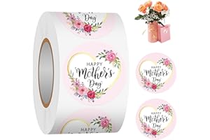 Acetiamin Happy Mother's Day Label Stickers Roll, 1.5 Inch 500 PCS Heart Pink Floral Mothers Day Sticker Gift Box Bag Cards Decorations Envelope Seals