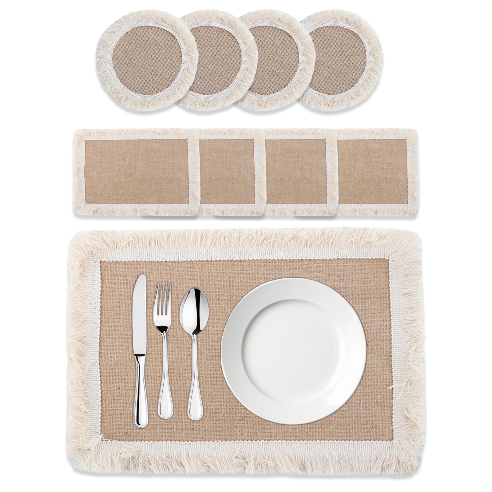 Placemats and Coaster Sets 4, Fabric Place Mats for Table Boho Washable Table Mat 34 * 23cm Non-Slip Woven Placemat Round Coasters for Dining Kitchen Restaurant Hotel (Linen)