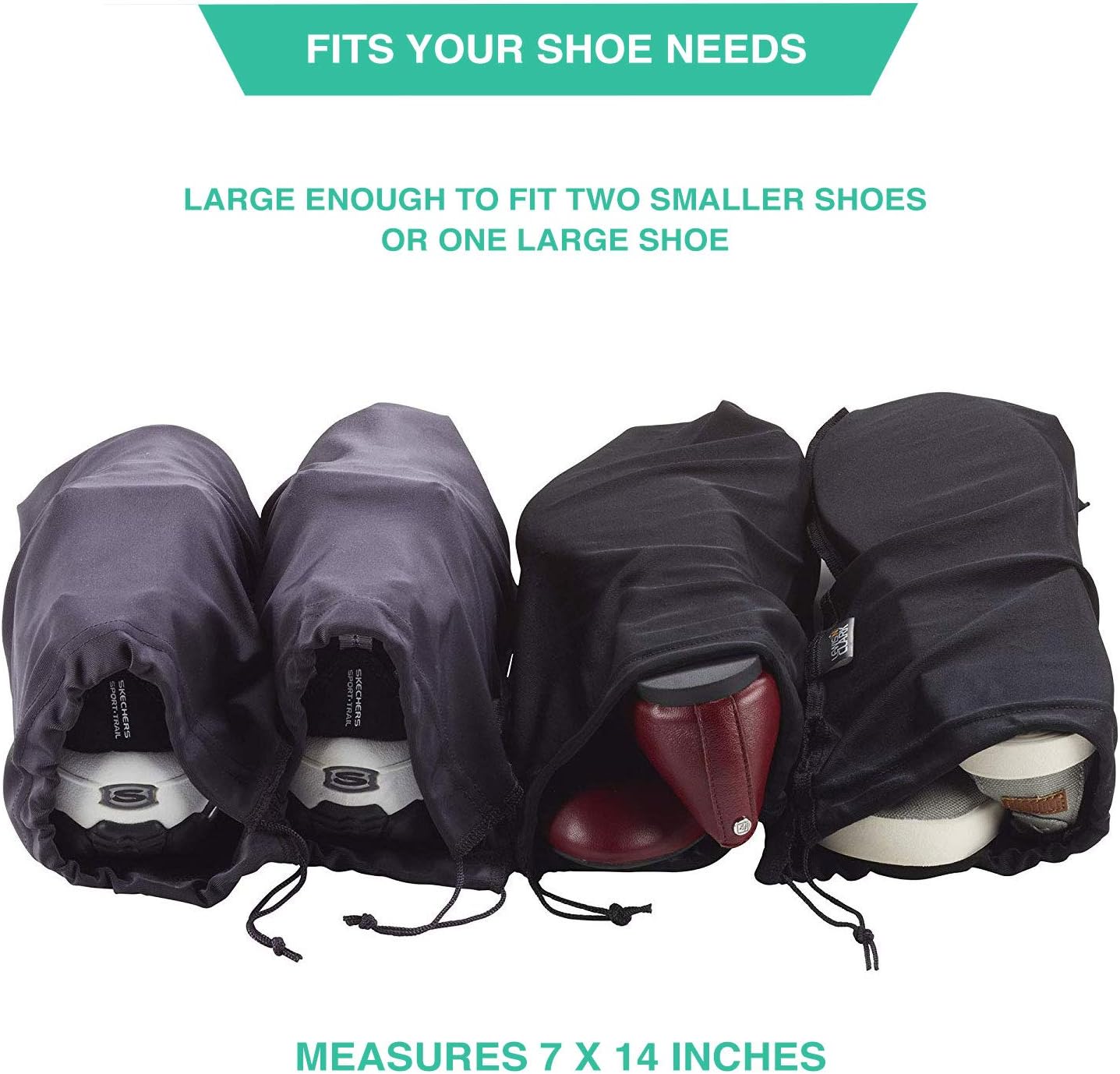 Lewis N. Clark Nylon Drawstring Travel Shoe Bags + Covers for Women & Men, 2 Pair, Charcoal/Black, 1 Pack