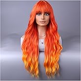 BERON Orange Wigs Women Long Wavy Flame Fire Colored Wig with Bangs 26 Inches Curly Synthetic for Cosplay Party Wigs Wig Cap Included