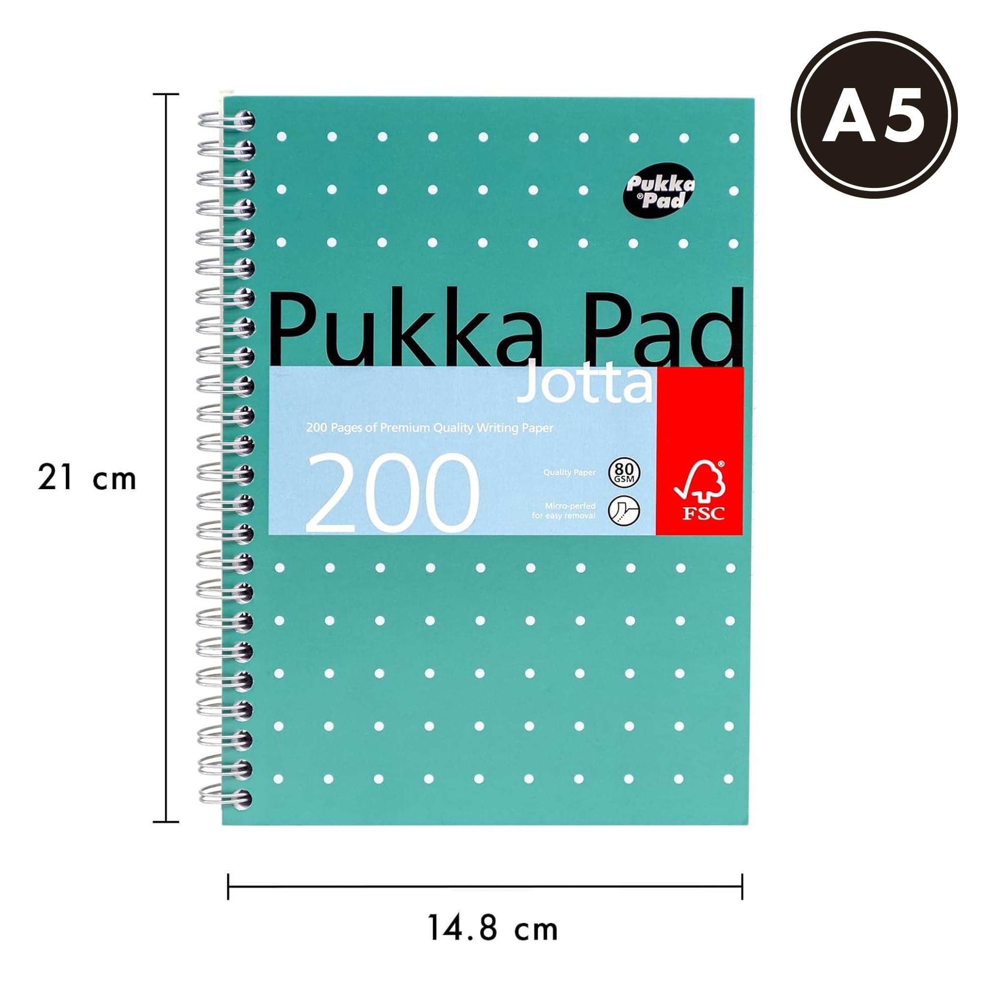 Pukka Pad, A5 Metallic Jotta notizbuch 3er-Pack für Zuhause, Schule und Büro – 15 x 21 cm – spiralbindung Notizbuch mit 8 mm Liniert und 80 g/m² Papier – mit perforierten Kanten – 200 Seiten, grün 4