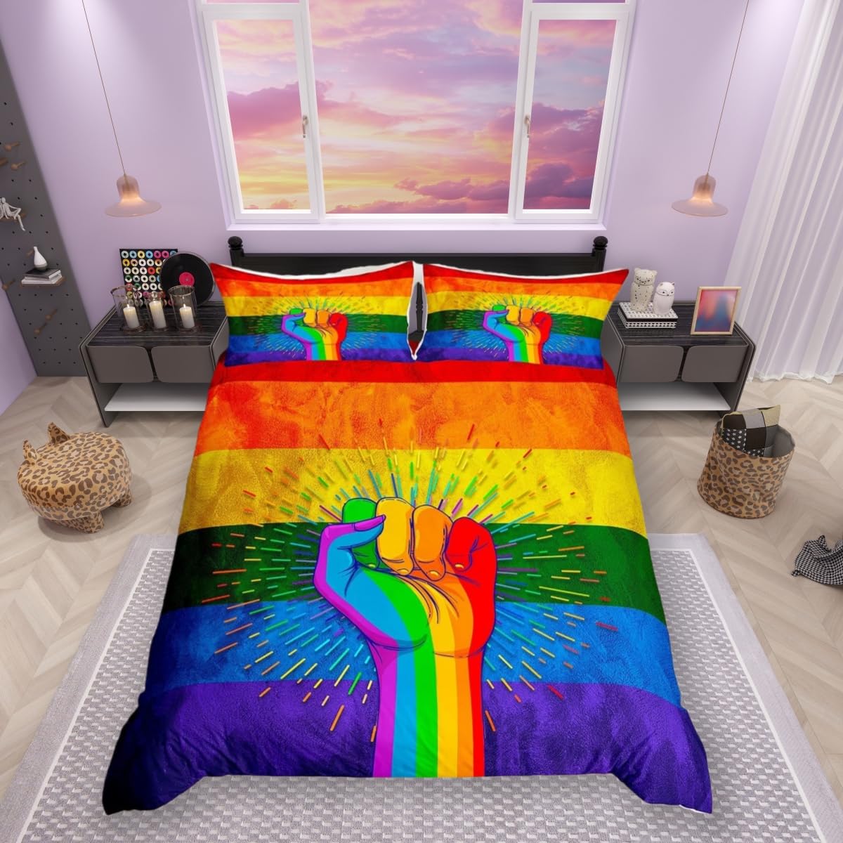 Watercolor Rainbow Comforter Cover King Size,Pride for Love Theme Bedding Set for Modern Room,Art Geometric Stripes Print Duvet Cover Set with 2 Pillowcases, Ultra Soft Bed Spread