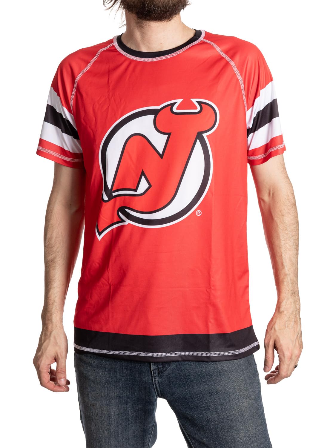 NHL Mens Performance Quick Dry Moisture Wicking Rash Guard Short Sleeve Shirt (New Jersey Devils, Large) Image