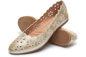 FRACORA Women's Ballet Flats Black PU Leather Dress Shoes Comfortable Round Toe Slip on Flats with Floral Eyelets