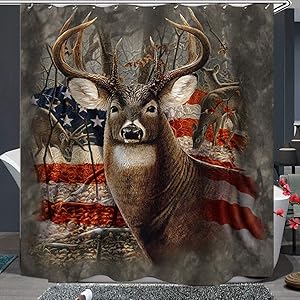 Shower Curtain Set with Hooks Soap Resistant Waterproof Deer Big Antler StarSpangled Banner Background Bathroom Decor Machine Washable Polyester Fabric Bath Curtain 60 x 71 inches
