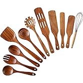 Wooden Spoons for Cooking, 11Pcs Wooden Kitchen Utensil Set, Natural Teak Wood Spatula Spurtles Salad Fork Spoon Set, Non-Stick Pans, Comfortable Grip, As Seen On TV Wooden Cooking Utensils