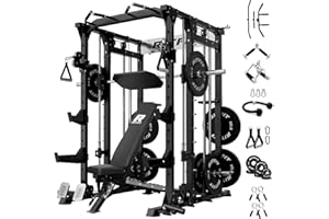 RitFit Smith Machine Power Cage with LAT Pulldown & Cable Crossover, All-in-One Power Rack Home Gym System with Leg Press Attachment & Accessories