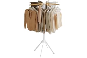 SONGMICS Clothes Drying Rack, with Bamboo Hanging Rods, Foldable Metal Laundry Rack, Space-Saving, Free-Standing Airer, Indoor Use, White and Natural ULLR516W01