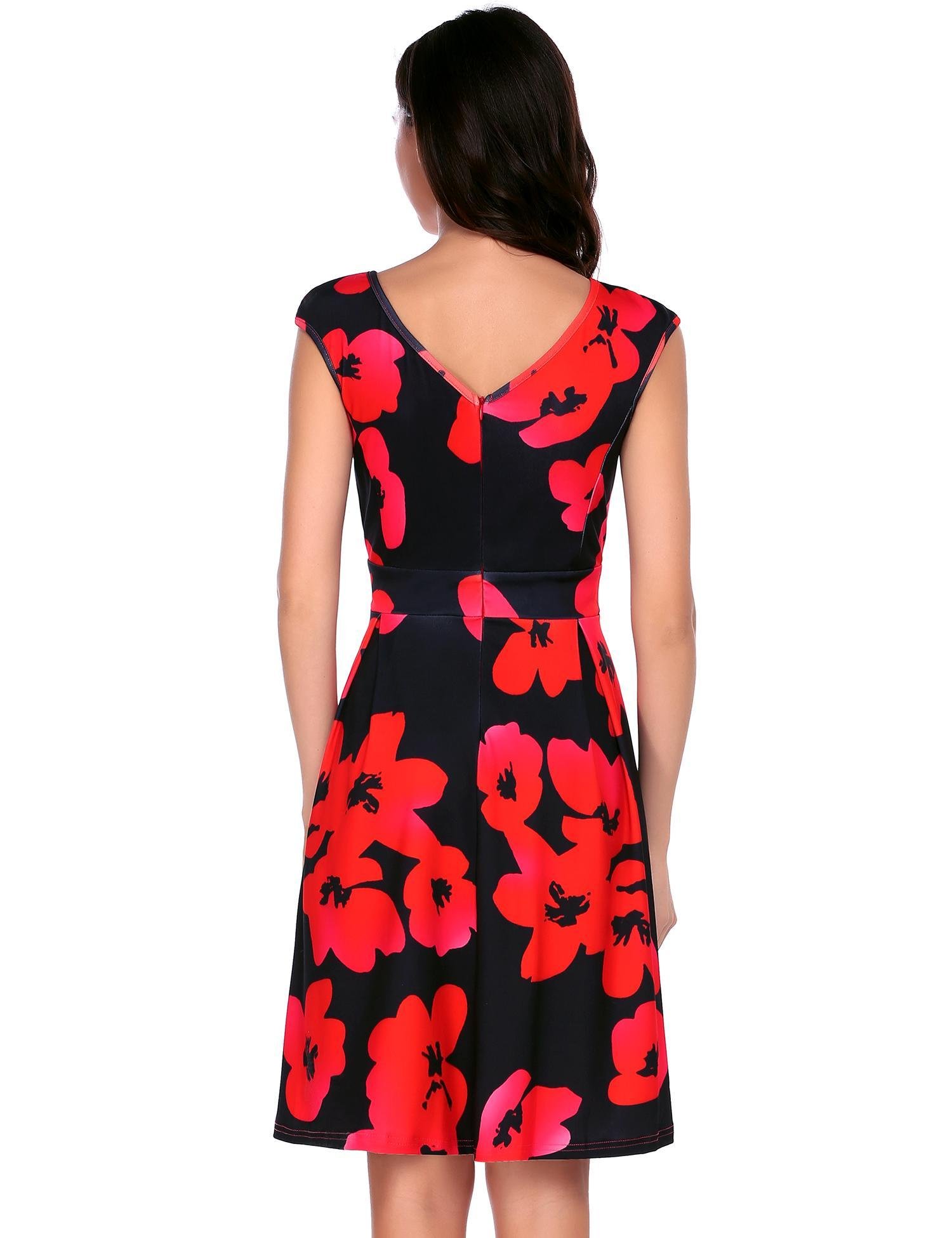 Zeagoo Women\'s Casual Vintage Cap Sleeve Flower Printed V Neck Swing Dress Black L