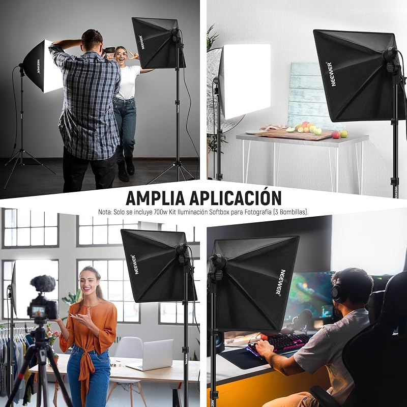 Kit de Iluminación Continua de Caja de Luz Equivalente a 700W, 3 Bombillas de LED de 5700K, 60x60cm Softbox con Enchufe E27, Photography Softbox Lighting Kit para Equipo de Estudio Fotográfico