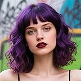 COOINEADER Purple Wig with Bangs Soft Short Bob Wigs for Women Synthetic Shoulder Length Women's Curly Wigs for Cosplay Halloween Costumes Daily (Royal Purple)