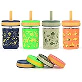Sursip Toddler Glass Cups with Straw, Spill-Proof Kids Mason Jar Food Storage with Lids, Sippy Cups for Drinks, Smoothies, Snacks, Milk Cup [4 Pack] 8 oz 2-in-1