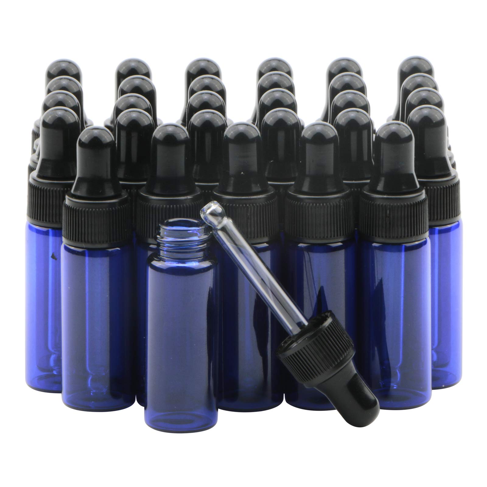 Rowiz 30 PCS 5ml Small Dropper Bottles Essential Oil Glass Bottle,Lotion Perfume Sample Vials with Glass Eye Dropper and Black Caps (blue)
