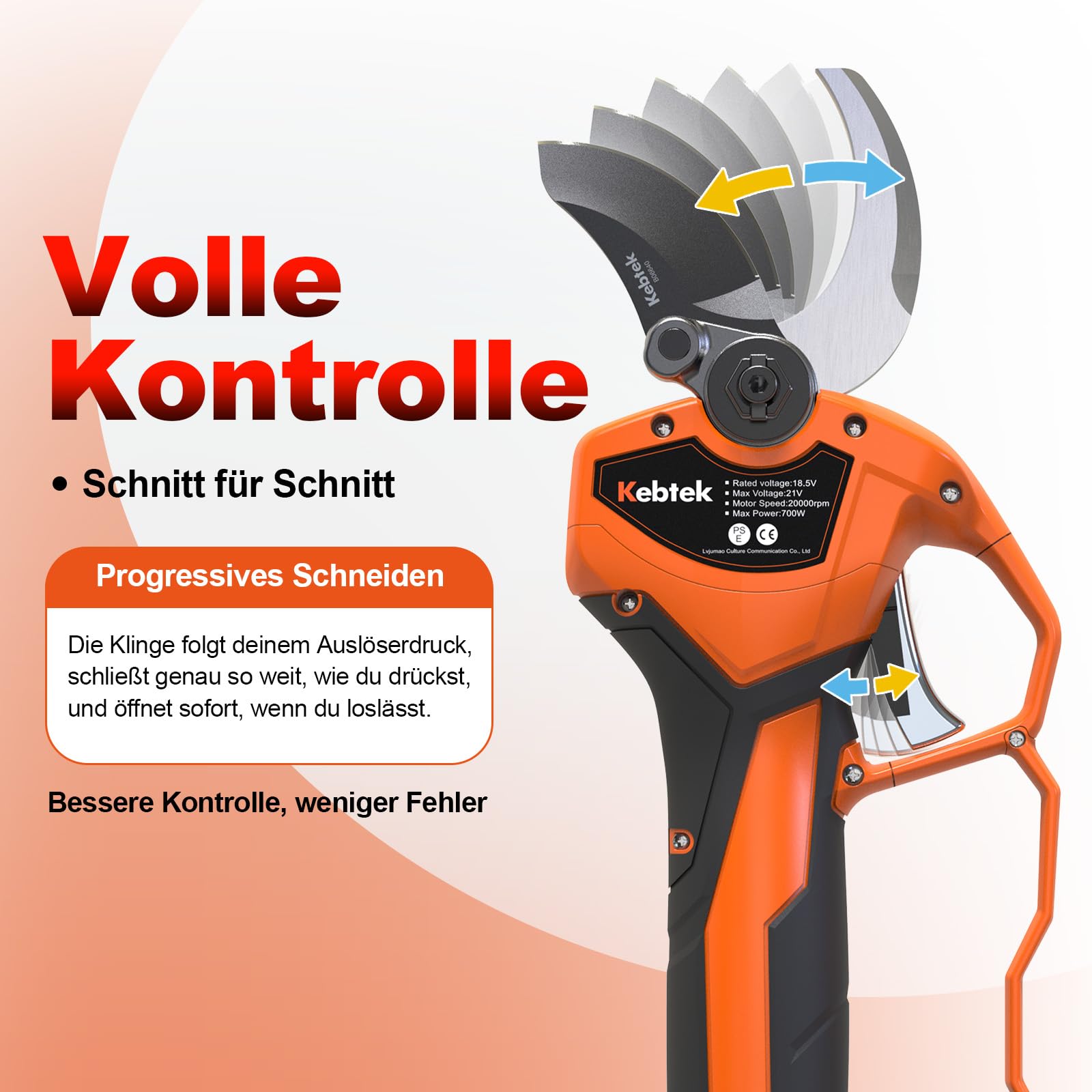 Kebtek B06640 Elektrische Gartenschere mit Akku progressive Schnittfunktion, Max 40mm profi kabellose astschere mit 4000mAh Akku, kompatibel mit Makita 18V Akkus, tragbares Gartengerät 6