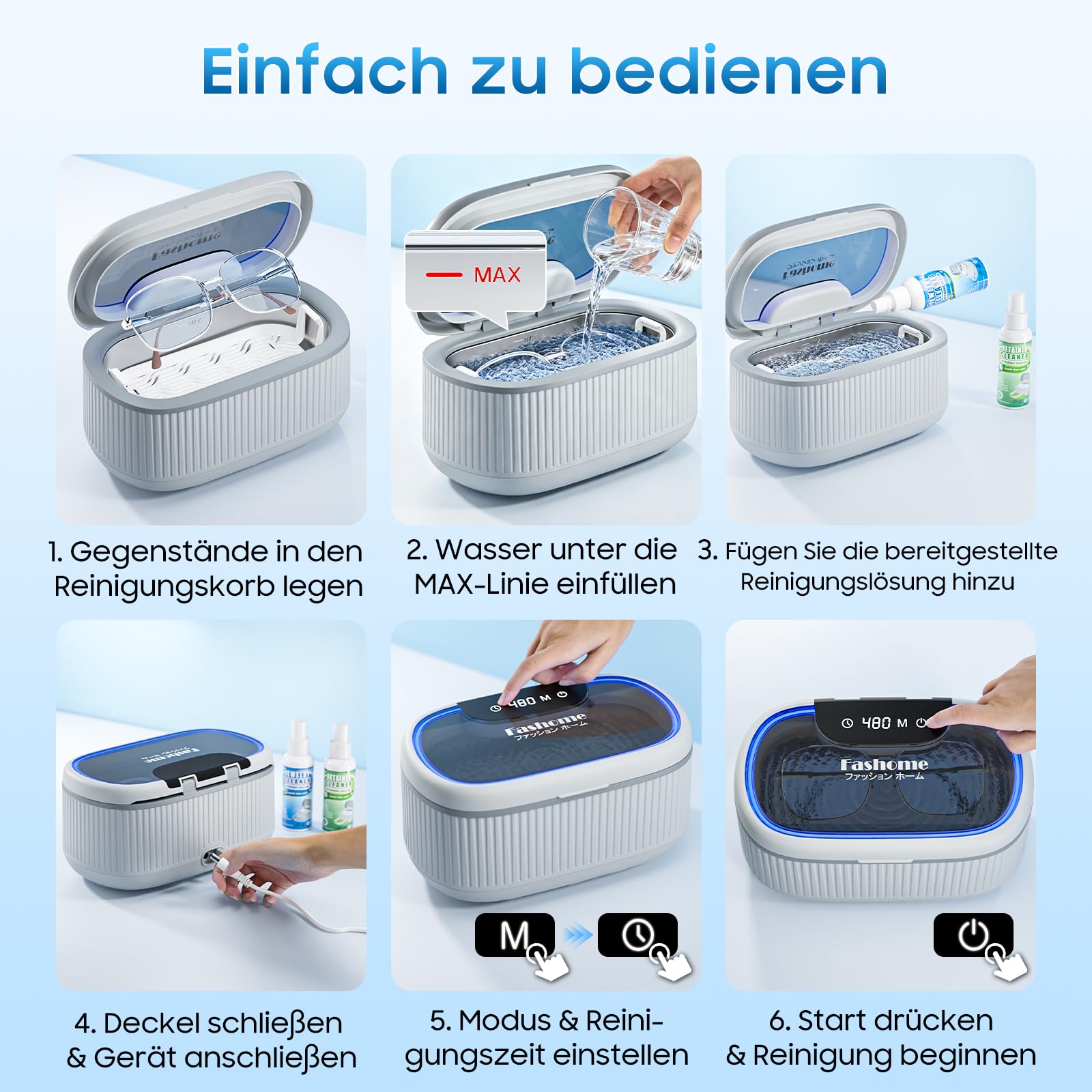 Fashome Ultraschallreiniger mit 2×100 ml Reinigungsflüssigkeit, 45 kHz 3 Modi, 550 ml Edelstahltank, für Schmuck, Brillen, Uhren & Zahnersatz, Reinigungskorb & Uhrenhalterung – mit Geschenkbox 9