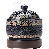 Ceramic Holder Electric Incense Burner Enamel Built-in LED Lights Simulate Flames, Classical, Elegant and High-end Hollow Design