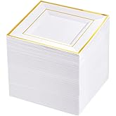 bUCLA 100PCS Gold Square Plastic Plates - 6inch Disposable Dessert/Cake Plates - Premium Hard Square Small Appetizer Plates for Wedding&Party