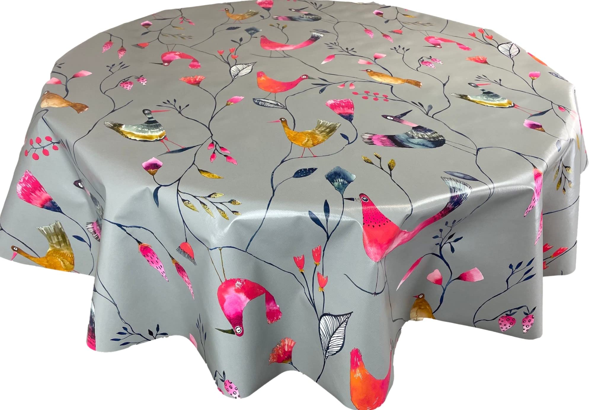 Karina Home Barmy Birds GREY Wipe Clean Tablecloth Vinyl PVC (138cm Round)