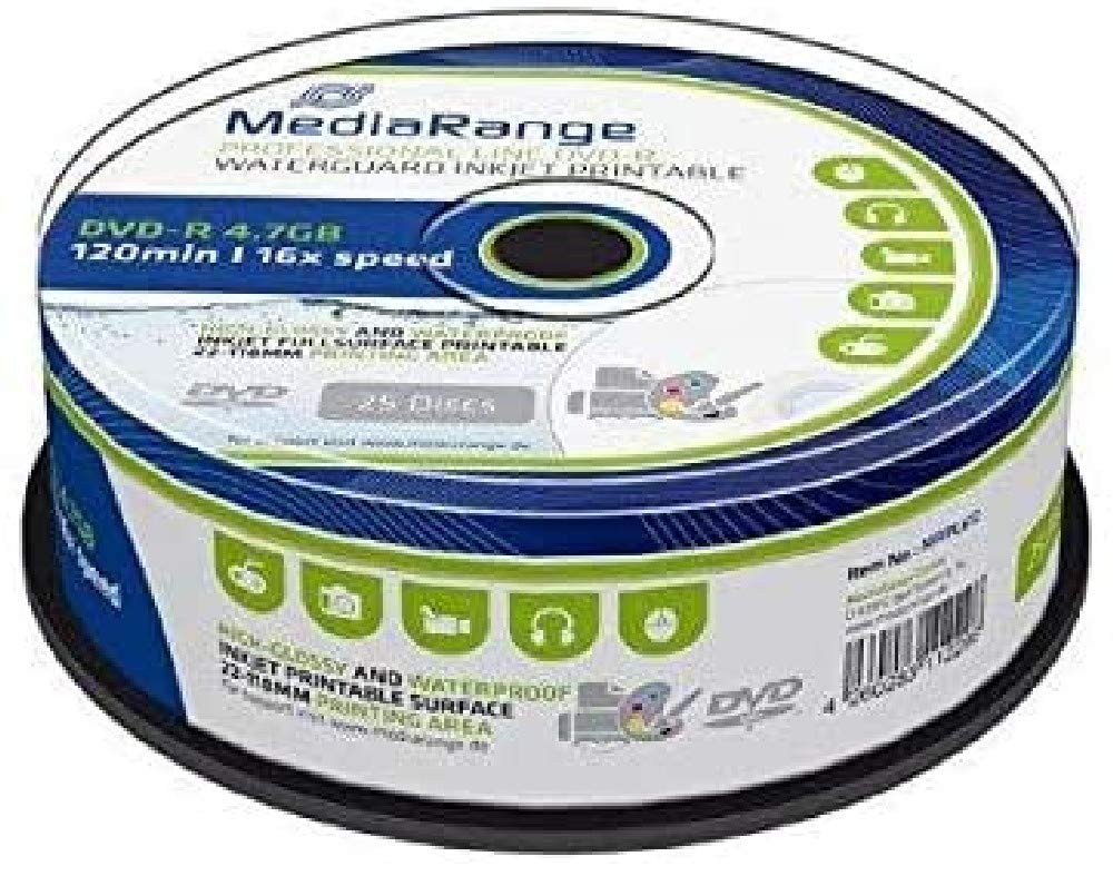 MediaRange MRPL612 Slug and Storage Media DVD-R 4,7GB 120min 16x Speed, Inkjet Fullsurface Printable Cake WaterGuard High Glossy and Wide Sputtered 25 White