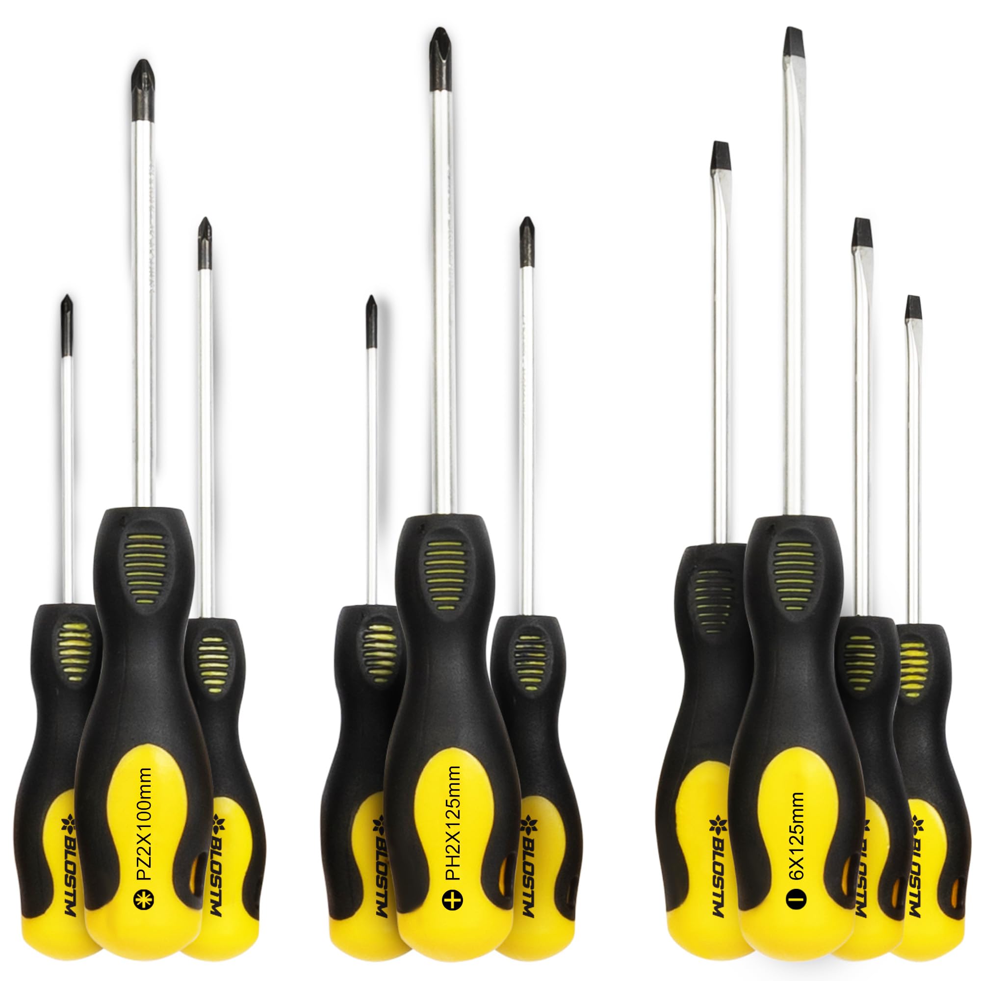 BLOSTM 10 Piece Magnetic Screwdriver Set - Chrome Vanadium Steel Screw Driver Set, Magnetic Tips Various Sizes - 4 X Flat Head Screwdrivers 3 X Cross Head Screwdriver 3 X Pozidrive Screw Drivers 10PCS