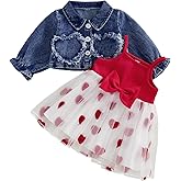 Kayotuas Toddler Girl Valentines Outfit Heart Tulle Tutu Dress with Ruffle Long Sleeve Denim Jacket Coat Kids Valentine Dress