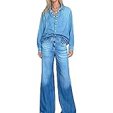 Manutox Denim Dreams Pajama Set, Jean Pajamas for Women, with Relaxed Wide-Leg Pants & Cozy Button-Down Top