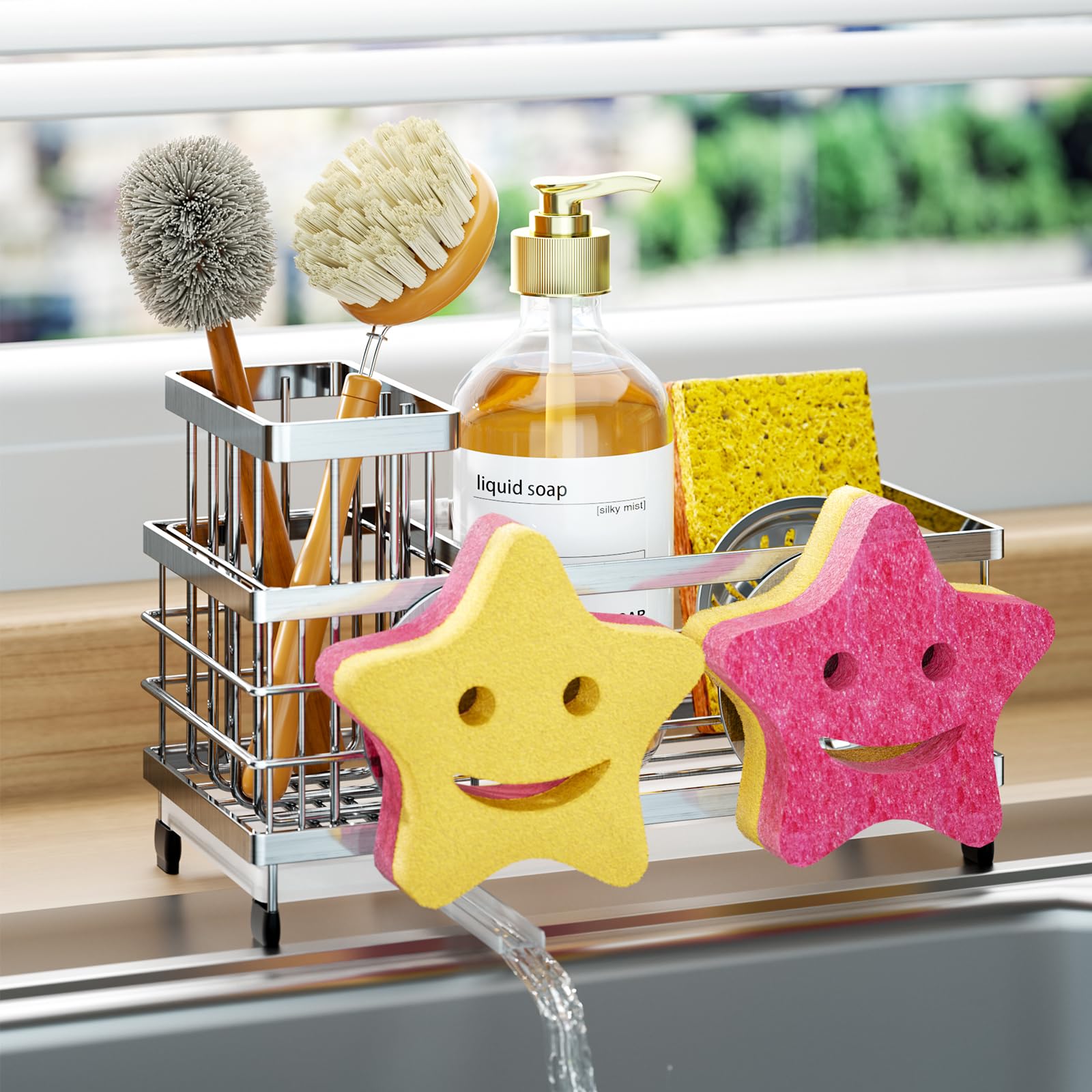 Photo 1 of HapiRm Sink Caddy Sponge Holder - Self-draining Kitchen Sink Organizer with Smiley Face and Brush Holder, Stainless Steel Kitchen Sponge Caddy for Countertop - Silver