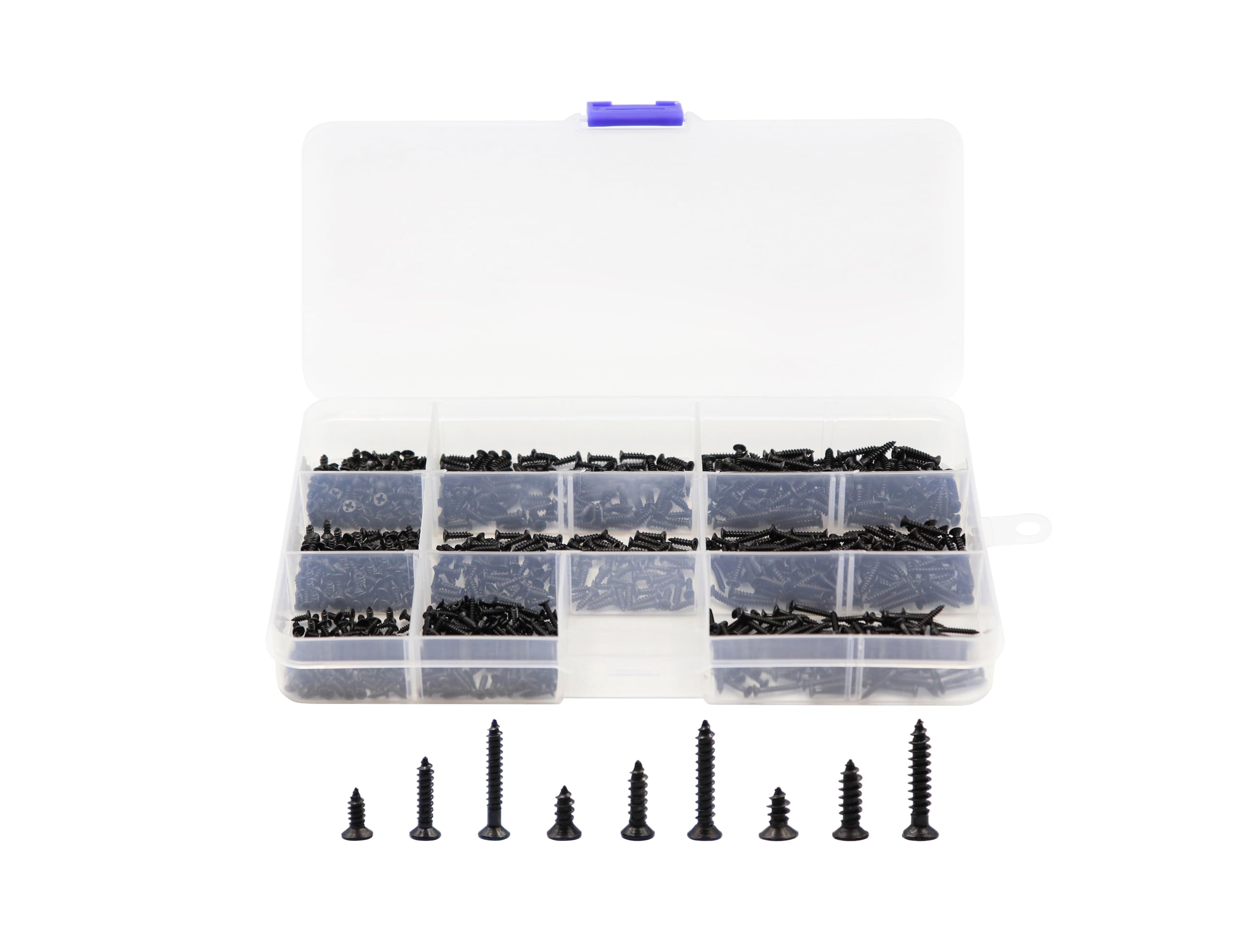 LBY 900pcs M1.7 M2 M2.3 x 5mm / 8mm/ 12mm Philips Flat Head Self-Tapping Sheetmetal Screw Assortment Kit Mini Wood Screws 9 Sizes Combination Carbon Steel Black