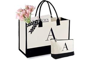 BeeGreen Personalize Gift Bag for Women Initial Canvas Tote Bag w Makeup Bag