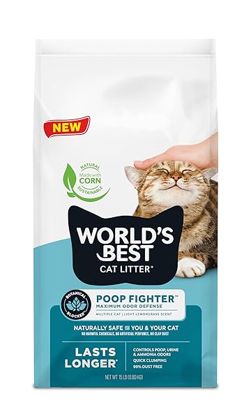 WORLD’S BEST CAT LITTER POOP FIGHTER MAXIMUM ODOR DEFENSE, 15-POUNDS – NATURAL INGREDIENTS, QUICK CLUMPING, FLUSHABLE, 99% DUST FREE & MADE IN USA – LONG-LASTING ODOR CONTROL & EASY SCOOPING