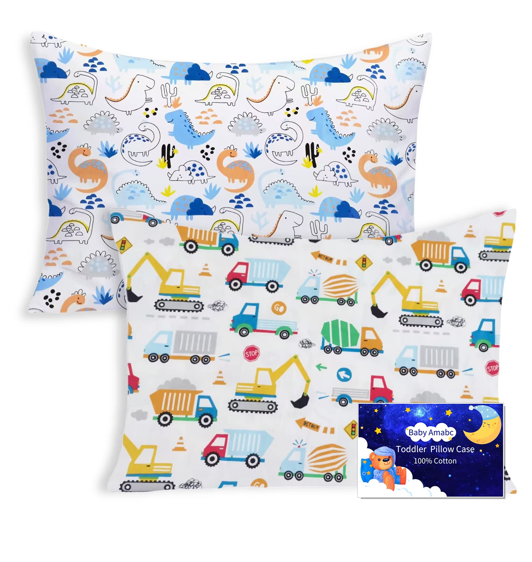 Baby Toddle Pillowcase 2 Pack 100% Cotton Pillow Cover, Cot Bed Pillow Pair Cases 40x60cm Gifts for Children's Day Dinosaur Truck