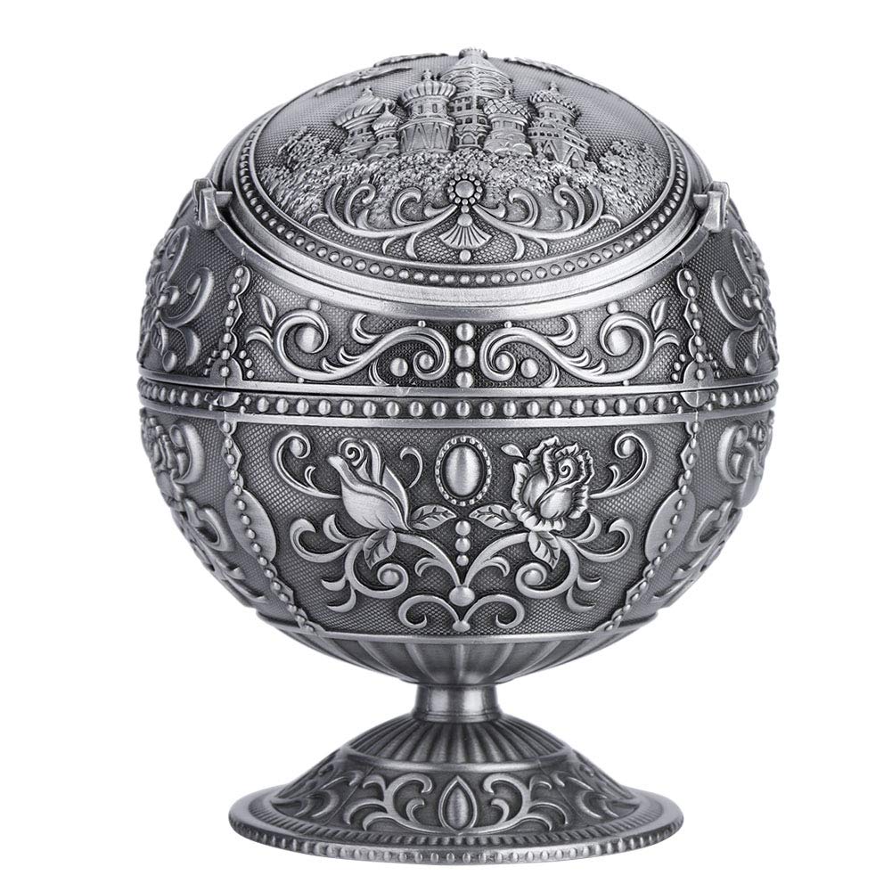 Vintage Windproof Ashtray with Lid, Metal Round Ball Cigar Ashtray for Odor Control, for Home Office Indoor Outdoor Use