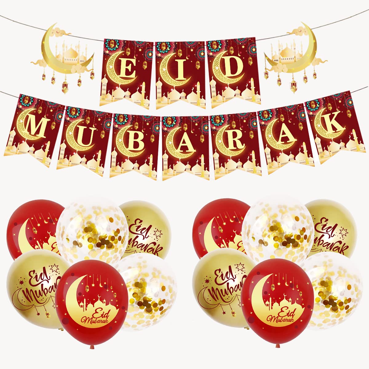 Eid Decorations for Home Set,Red Gold Eid Mubarak Banner Bunting &12Pcs EidMubarak Decorations Balloons Ramadan Mubarak Decoration for Home Hanging,Muslim Islamic Ramadan Kareem Party Decorations