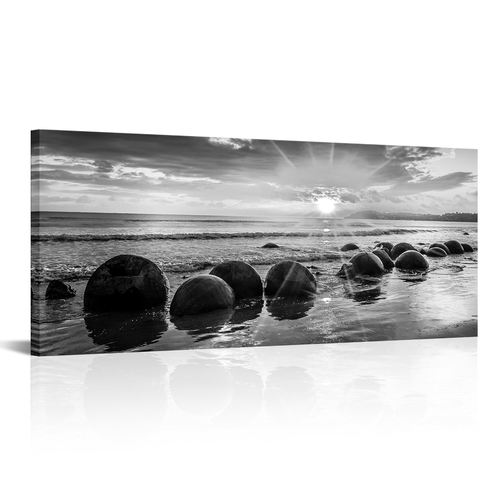 Photo 1 of OuElegent Black and White Beach Canvas Wall Art Zen Stone Picture Sea Rock Stone Zen Artwork for Home Bedroom Livingroom Decor Framed 20"x48"